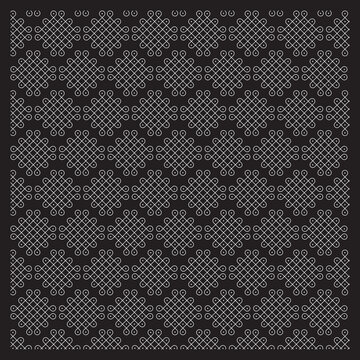 Seamless Geometric Pattern of White Line Art on Black Background, Traditional Indian Kolam Inspired Repeating Symmetrical Motifs with Interlocking Loops and Dots Grid.