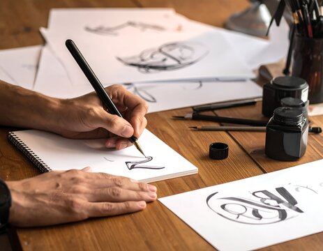 Calligrapher at work creating elegant lettering designs on paper.