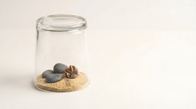 Clear drinking glass inverted as dome over miniature arrangement of pebbles sand seed pod on white surface, comfort soundscape nature grounding tactile object emotional security concept art 