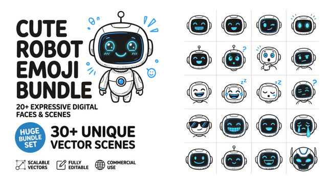 Cute robot emoji bundle, 30+ unique vector scenes with expressive digital faces, friendly android character mascot set for chat and apps