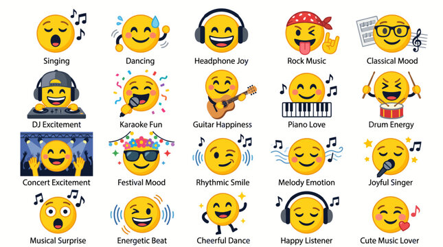 Musical emoji collection with 20 yellow smiley face icons, flat vector set of music lover emoticons, cheerful character avatars for social media