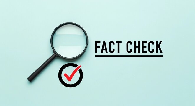 Black magnifying glass placed beside bold fact check text and a red checkmark symbol on a clean light blue background for professional media verification concepts