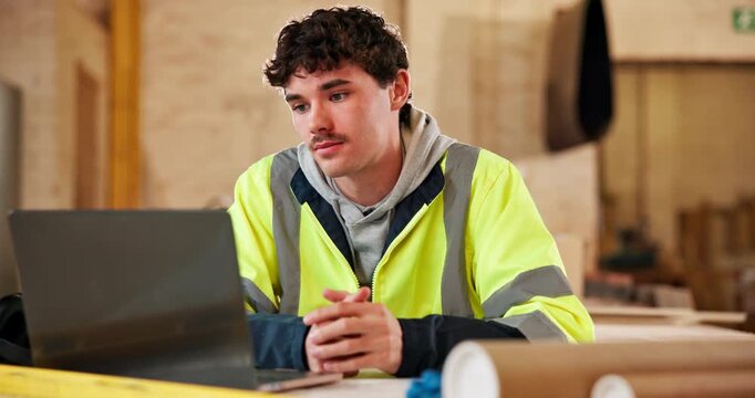 Stress, man and architect at workshop with laptop, website glitch and design error for architecture. Worry, person and pc with technical issues, safety concern and project rejection for construction