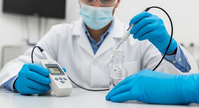 Scientist in laboratory wearing mask and gloves conducts pH test on liquid using probe and digital meter