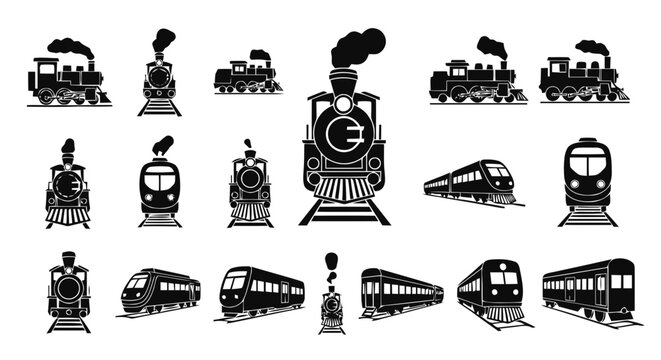Vector illustration of set of various train icons, steam locomotives and modern passenger trains on a transparent background