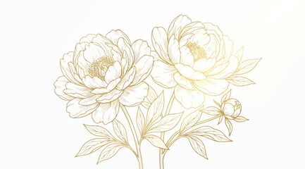 Fototapeta premium Elegant golden peony flowers illustration, delicate botanical line art drawing, luxury floral design element, sophisticated gold outline