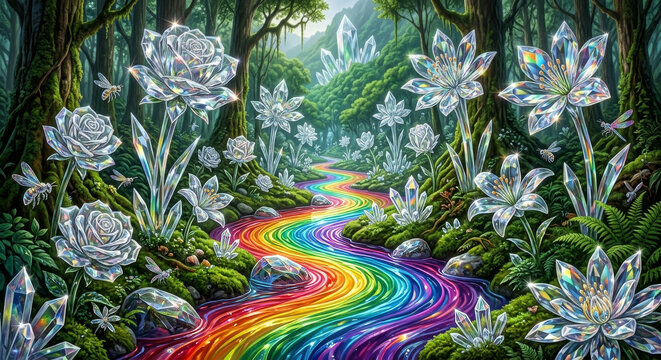 Giant Crystal Flowers and Rainbow River Forest