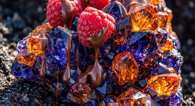 Glossy Chocolate Dripping Over Vibrant Raspberries