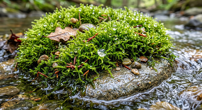 Vivid Wet Moss and Drops on River Stone Macro