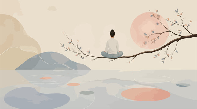 Woman Meditating on Tree Branch Over Calm Water Reflection, Serene Nature Landscape, Zen Mindfulness Concept, Minimalist Artistic Style