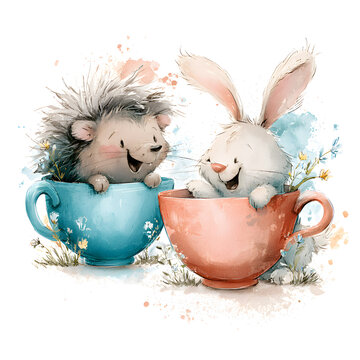 Two whimsical woodland animals (hedgehog and bunny) sharing oversized teacups, laughing together, tiny wildflowers.