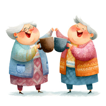 Two joyful plus-size elderly lady best friends clinking oversized coffee mugs with big cheerful smiles, rosy cheeks, twinkling eyes.