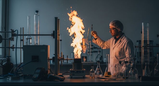 Scientist conducts fire experiment in industrial laboratory with advanced equipment and glassware