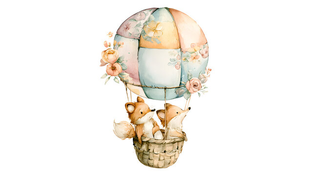 Two adorable fox friends floating in a patchwork hot air balloon decorated with watercolor florals, dreamy pastel sky elements removed.