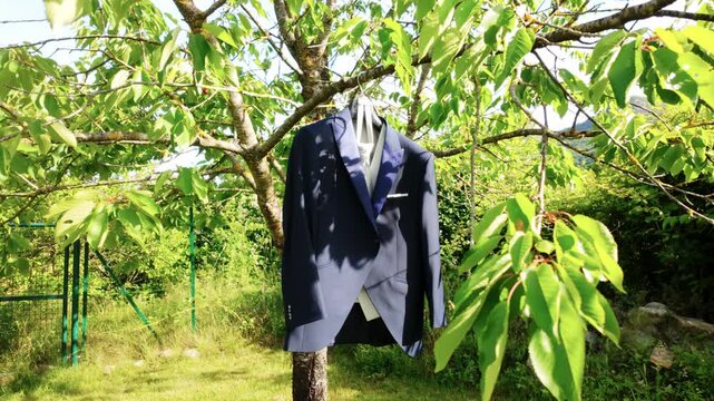 Suit jacket on hanger swaying gently from tree branch in bright garden setting