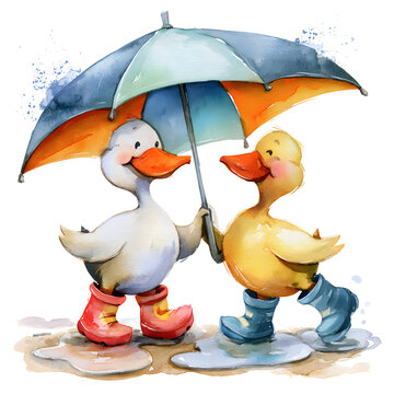 Two smiling ducks wearing colorful rain boots sharing one oversized umbrella, watercolor splashes, playful puddles.