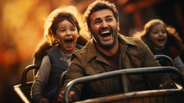 Young family screaming with arms raised on roller coaster