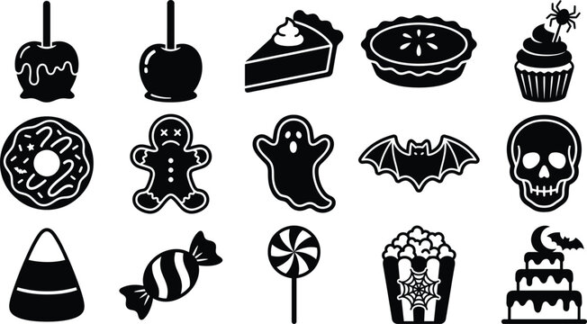 Halloween Sweet Treats Bundle, Set of Halloween Candy, Caramel Apples, Bat, Skull, Cake, Popcorn, Lollipop and Candy Corn Icons, Black Silhouette Vector Collection on Transparent Background
