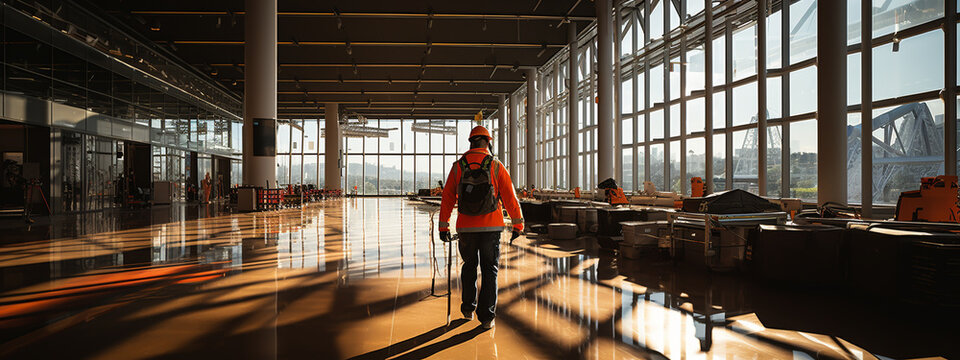 worker screeding indoor cement floor with screed
