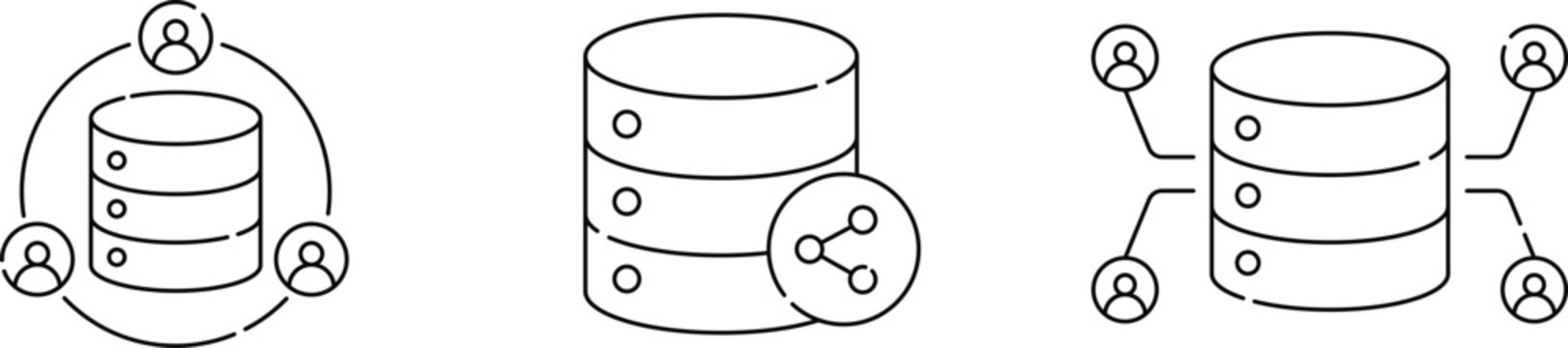 Shared Database Icons Set Vector Illustration, Database Sharing, Data Synchronization and Cloud Storage Line Art Collection