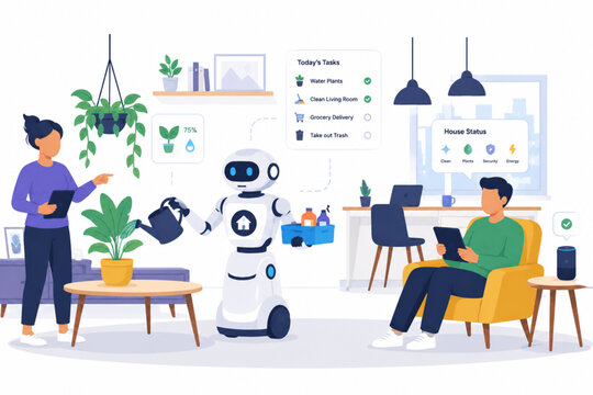 Friendly Household Robot Assisting Daily Home Tasks &ndash; Premium Flat Vector Illustration
