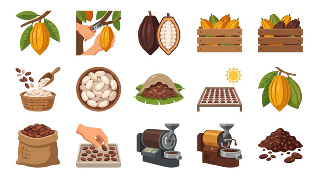 Cocoa bean processing and chocolate making illustration set.