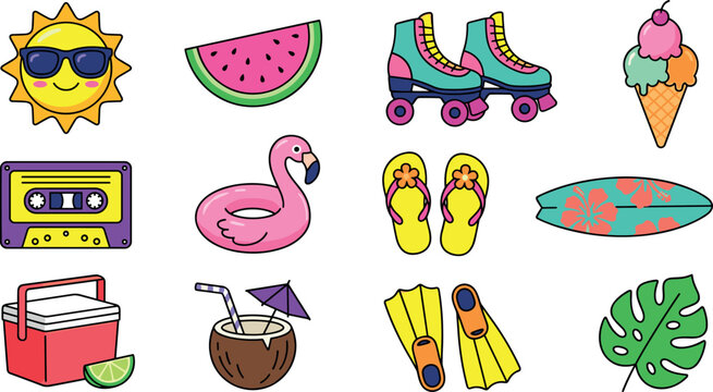 Summer retro sticker set featuring cute sun watermelon slice roller skates ice cream cassette tape flamingo float flip flops surfboard and tropical cocktail vector illustration