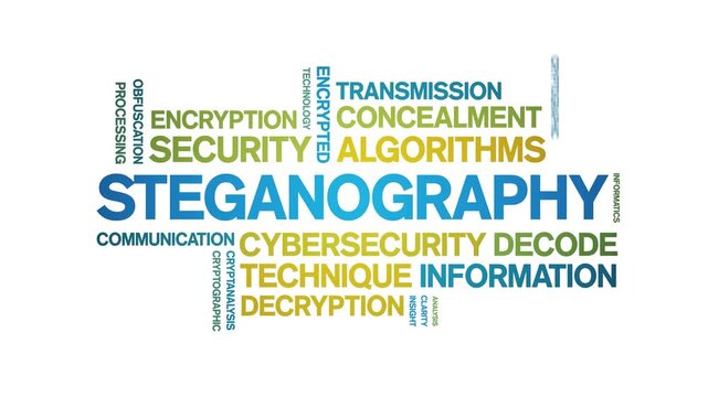 Steganography animated word cloud-text design animation tag kinetic typography seamless loop.