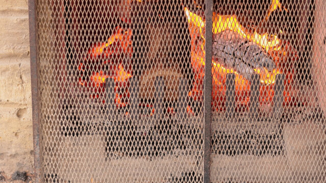 Close Up of Burning Logs Behind a Metal Fireplace Screen