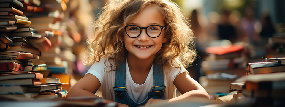 Happy smart kid sitting between two piles of books. Reading a book