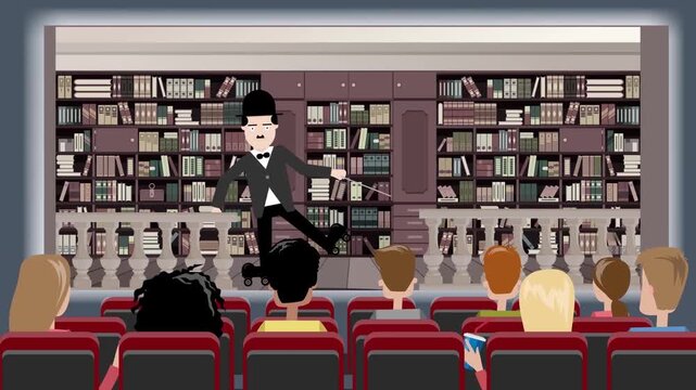 2D Animated Theater Stage Performance, Man Acting in Front of Audience in Library Auditorium, Show or Presentation Flat Vector Concept