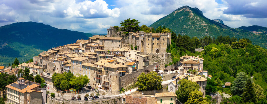 Collalto Sabino Medieval Castle Aerial Drone Panorama Rieti Italy Historic Hilltop Borgo on Mountain Cliff Cascading Architecture. Most beautiful villages of Italy. Fine Art Print High Resolution
