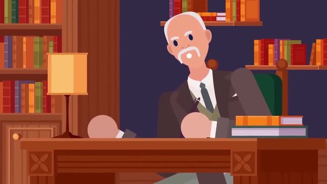 2D Animated Elderly Professor Working at Classic Wooden Desk in Library, Old Scholar Reading Books Home Office, Flat Vector Design