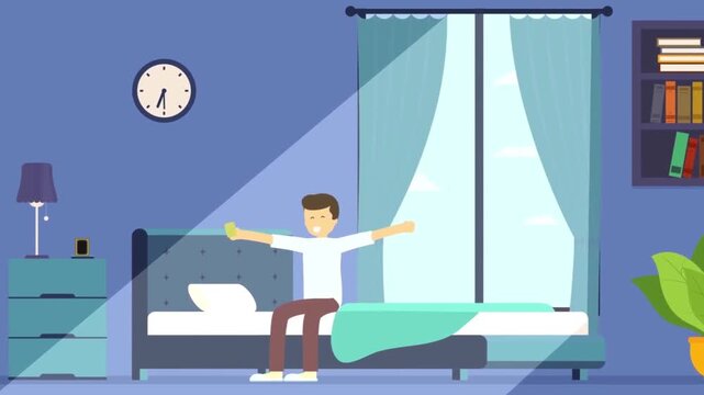 2D Animated Boy Waking Up and Stretching in Bed, Morning Sun Light Stream from Window in Bedroom, Healthy Routine Flat Vector