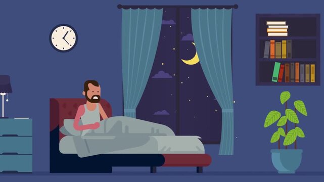 2D Animated Man Using Smartphone in Bed at Night Room, Insomnia or Late Night Browsing Social Media Concept, Flat Vector Design