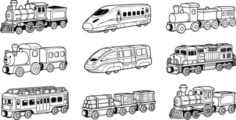Train Vector Icons Collection – Steam Locomotive, High Speed Train, Freight Train, Toy Train, Tram, Subway, and Railway Line Art Set © Abdullah
