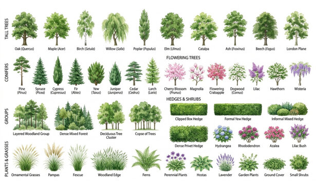 Watercolor green tree and forest side view vector set for landscape architecture drawings