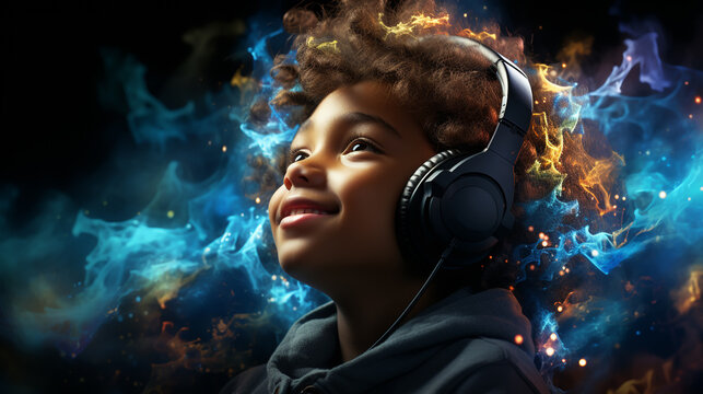 Cute little girl listening to music in headphones on bright background.