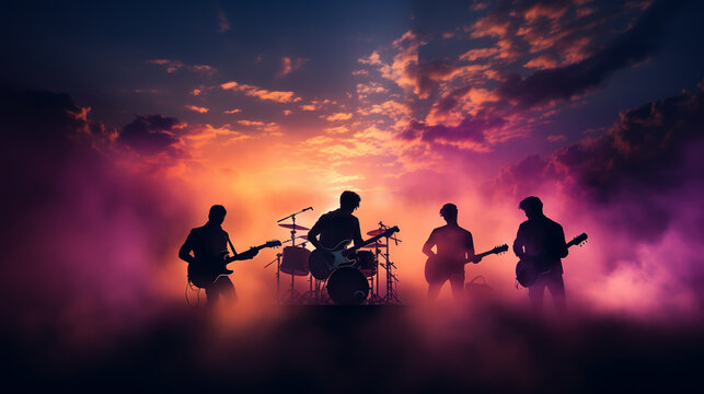 Band Silhouette. View of stage during rock concert with musical instruments and scene stage lights, rock show performance. Electric guitar.