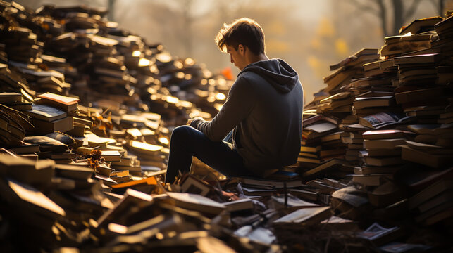 Traveller with backpack standing in fantasy mountains valley made of books.