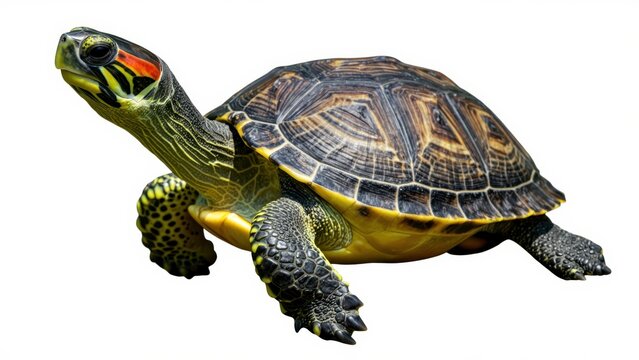 Red-Eared Slider Turtle Isolated: A vibrant red-eared slider turtle, showcasing its distinctive markings and patterned shell, is captured in a full-body studio shot, emphasizing its unique features.