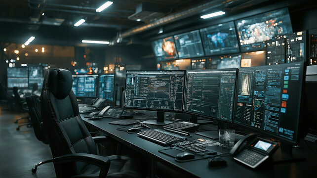 Modern security operations center with multi-monitor workstations displaying cybersecurity analytics, threat monitoring, and real-time network defense.