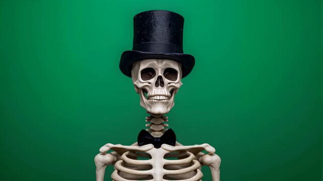 Skeleton wearing a black top hat and bow tie poses against a green background, showcasing a whimsical and humorous character in a playful setting