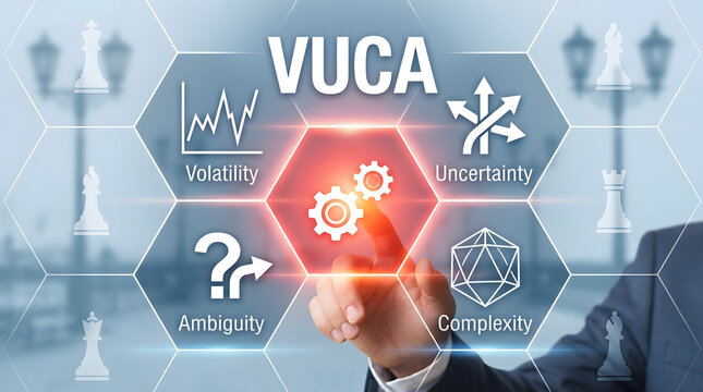 Businessman Interacting with VUCA Concept on Virtual Screen with Gears, Graphs, and Chess Pieces in Background