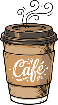 Takeout Coffee Cup with Lid and Caf&eacute; Lettering Paper Sleeve Vector