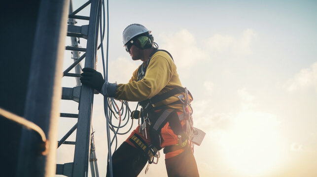 Asian electricians are climbing on electric poles to install and repair power lines.
