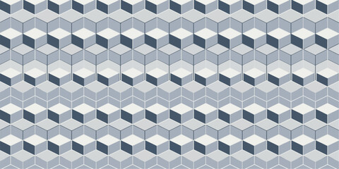Obraz premium Seamless blue and white chevron fabric texture geometric wallpaper pattern with 3D cubes, gray metal mosaic wall backdrop, abstract vector illustration design