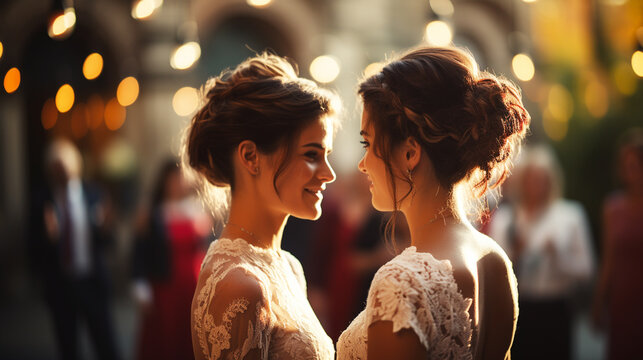 Happy newlywed lgbt couple holding hands and walking at wedding ceremony
