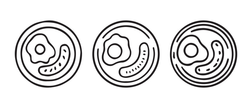 Minimalist Breakfast Plate Icons Featuring Fried Egg and Sausage in a Simple Linear Vector Style.