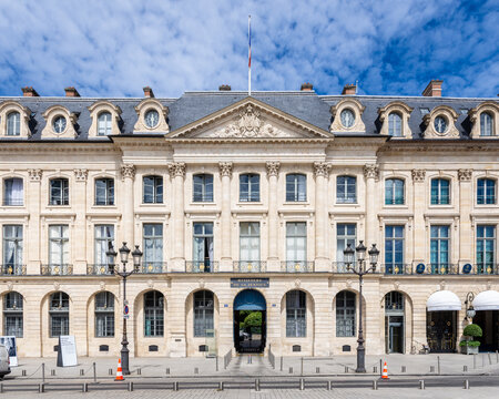 Paris, France - June 17, 2026: Facade of the Ministry of Justice, aka the Chancellery, housed at 13 Vend&ocirc;me square in the H&ocirc;tel de Bourvallais built by french architect Robert de Cotte in 1704.